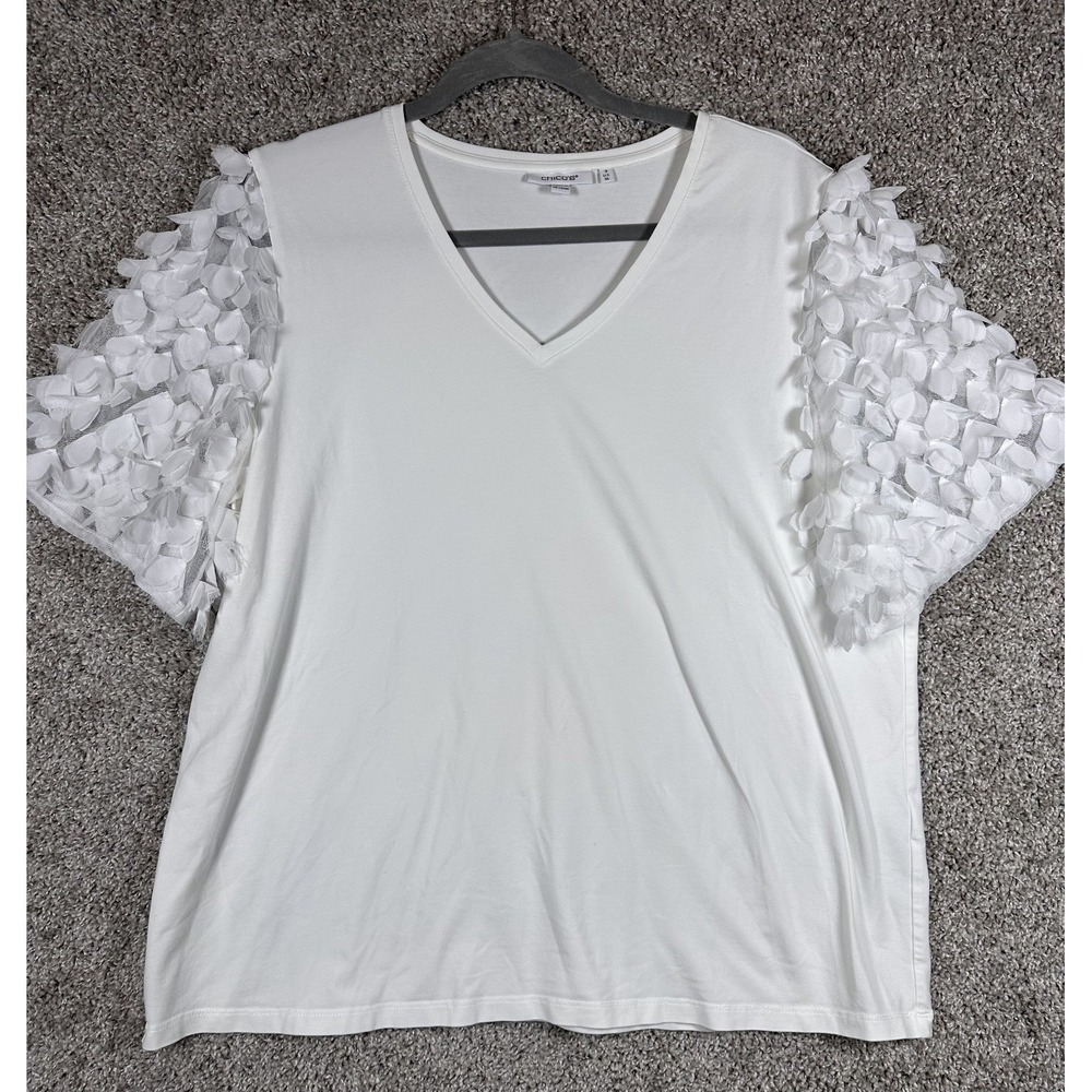 Chico's Applique Sleeve Tee XL White Cotton Stretch Comfort Romantic Boho Casual